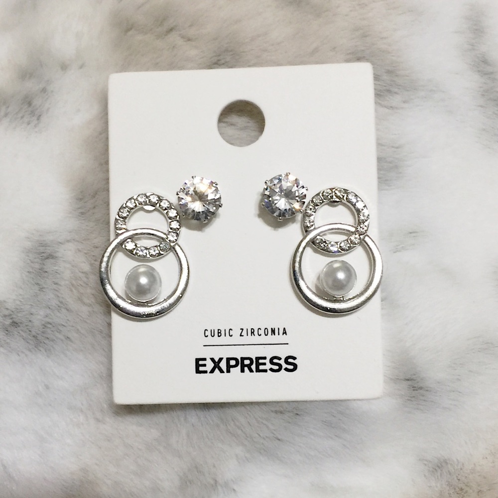 Express, 2 Silver CZ Pearl Stud Stackable Earrings